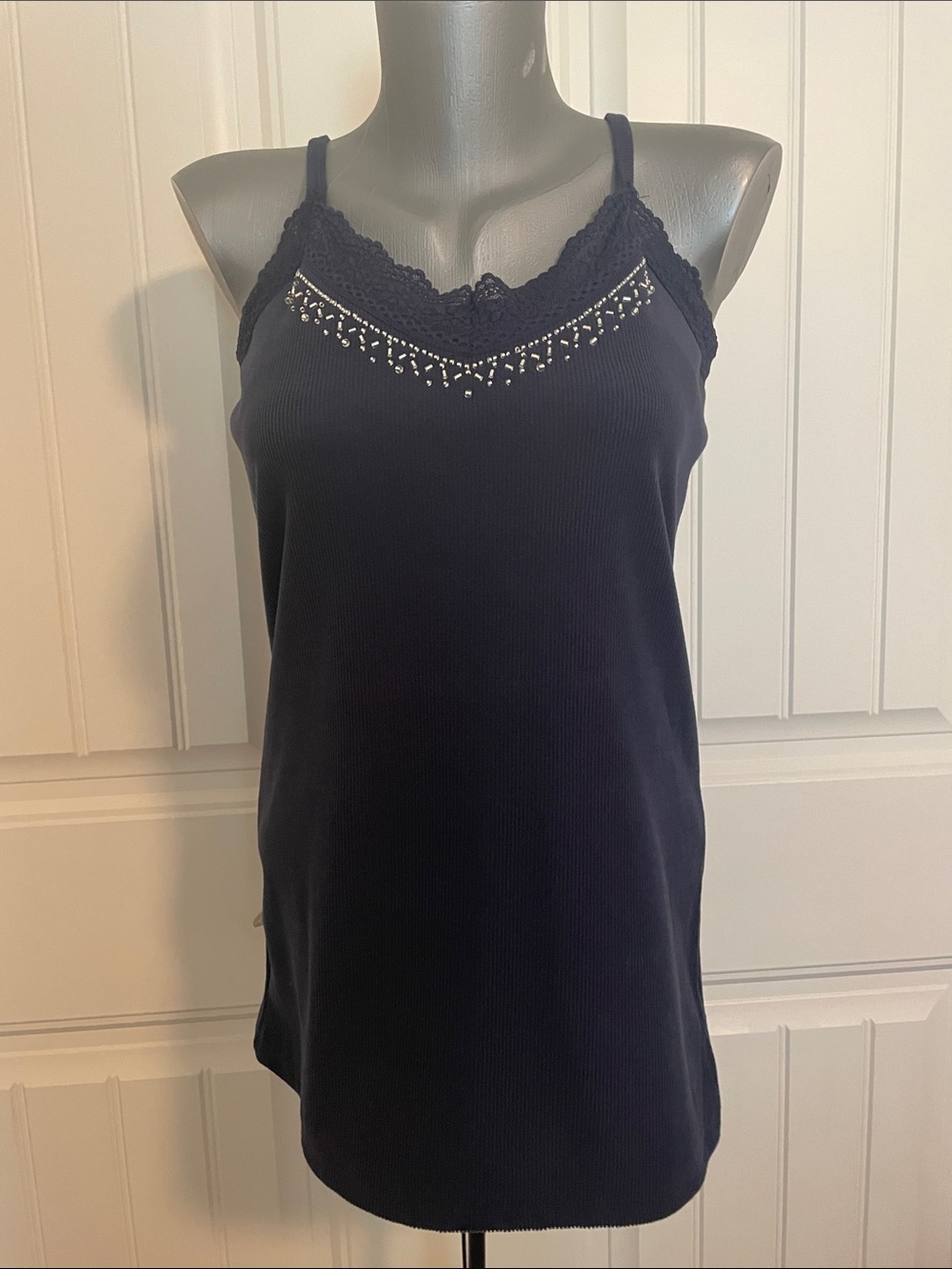Navy Lace-Trim Camisole with Crystal Detail